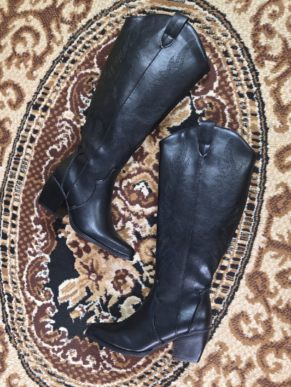 Vegan Leather Knee High Cowgirl Boots Zip Up Black Outlaw Western